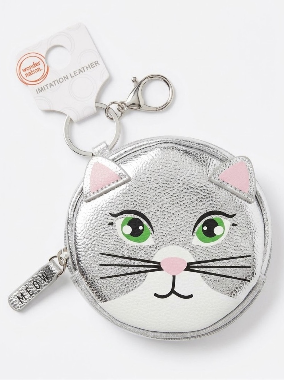 Silver Cat Zipper Coin Purse Keychain or Clip on Bag Charm